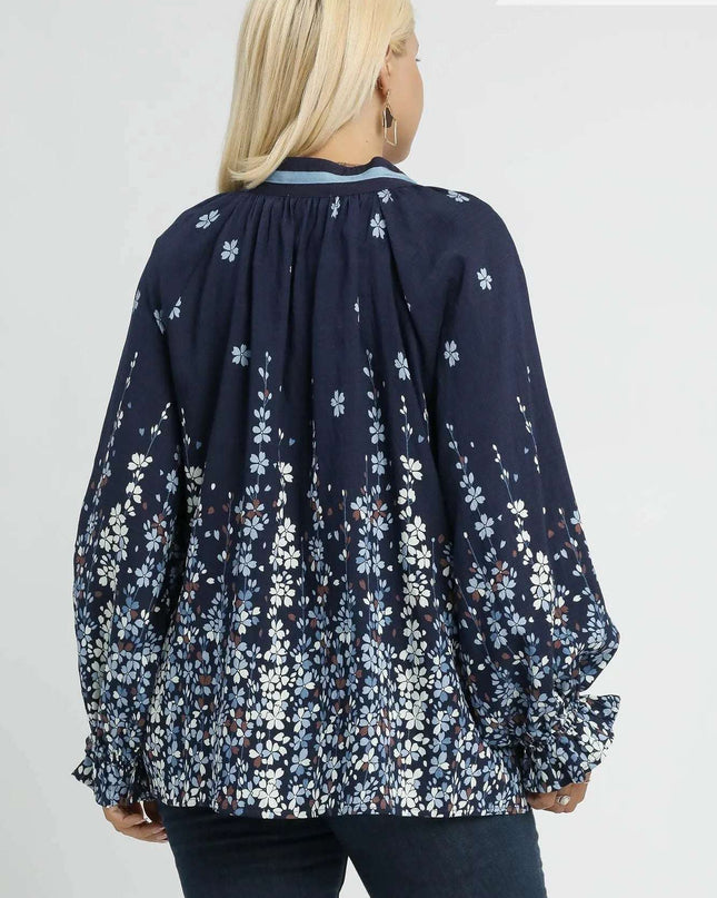 Umgee Full Size Floral Vine Print Blouse with Balloon Sleeves Plus Size