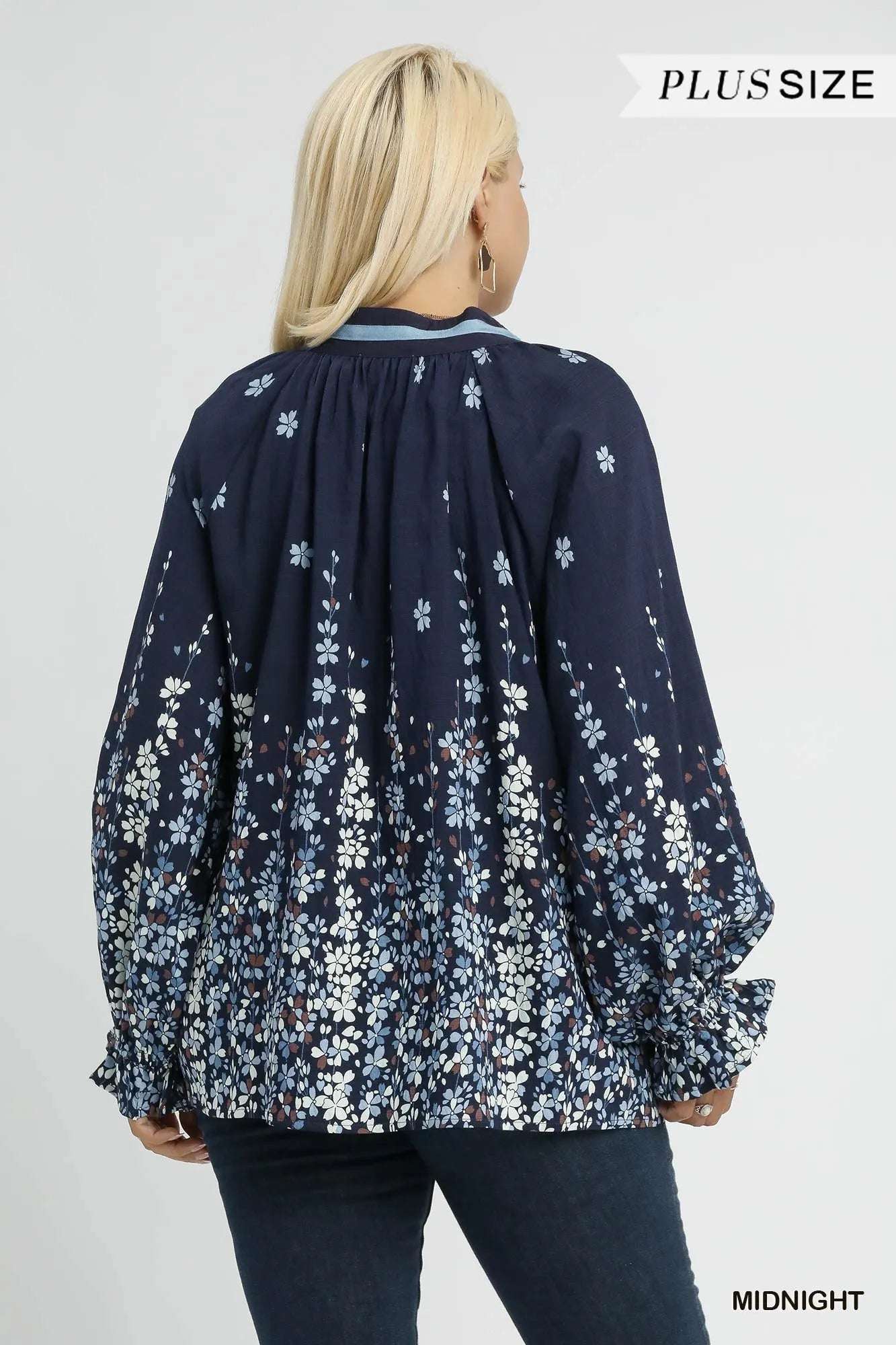 Umgee Full Size Floral Vine Print Blouse with Balloon Sleeves Plus Size