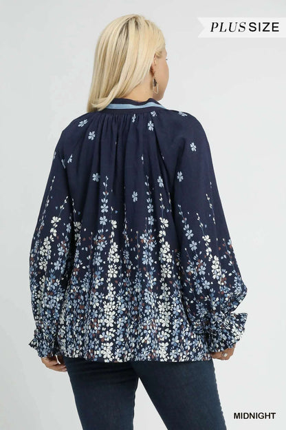 Umgee Full Size Floral Vine Print Blouse with Balloon Sleeves Plus Size
