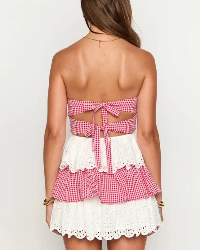 Eyelet Gingham Ruffle Layered Tube Dress