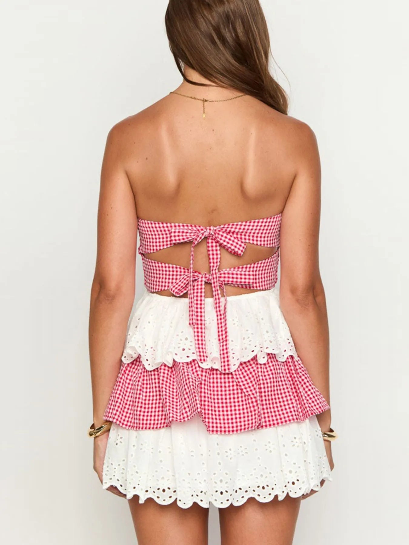 Eyelet Gingham Ruffle Layered Tube Dress