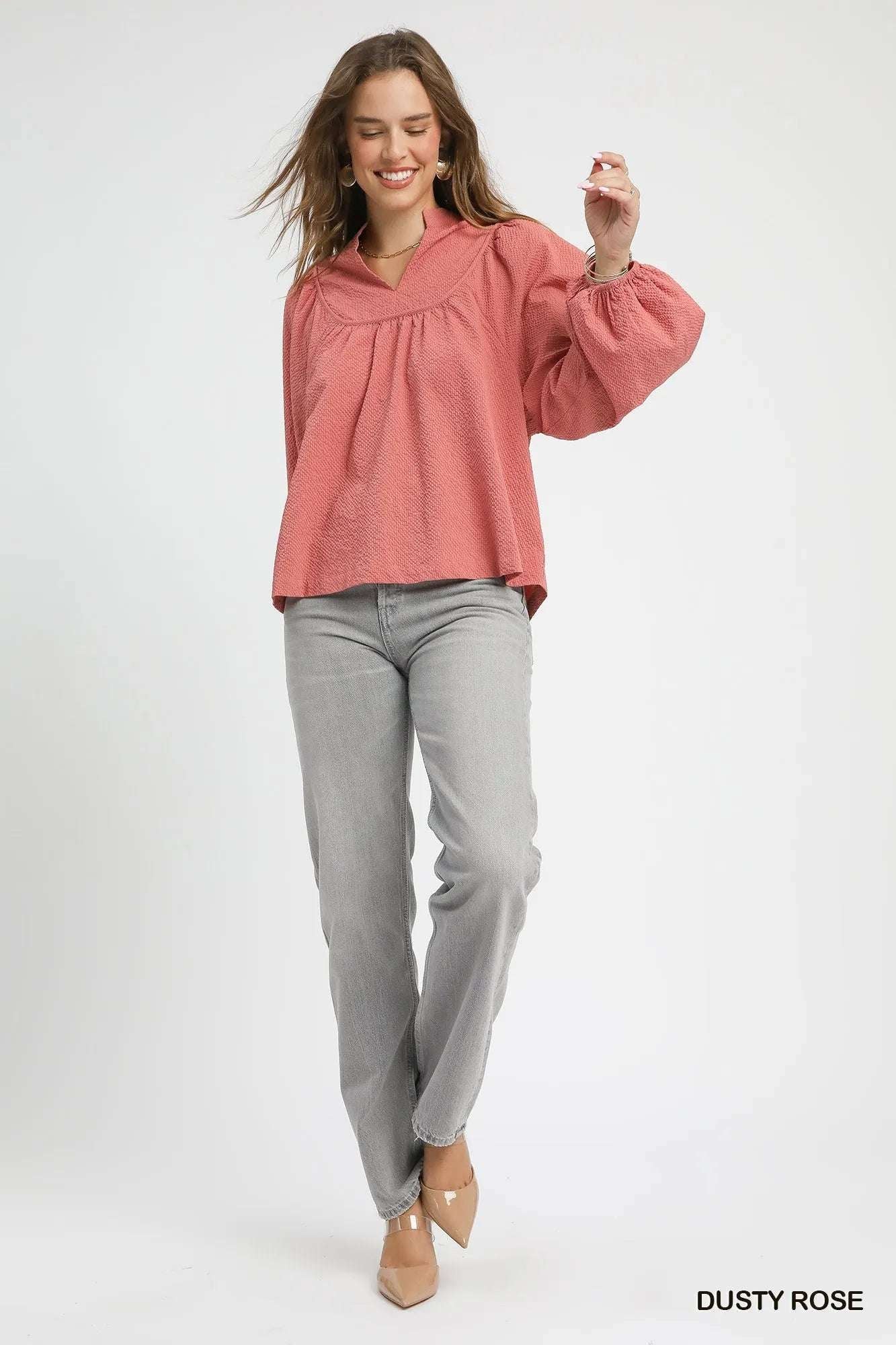 Umgee Textured Notched Blouse with Balloon Sleeves