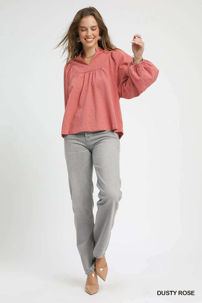 Umgee Textured Notched Blouse with Balloon Sleeves