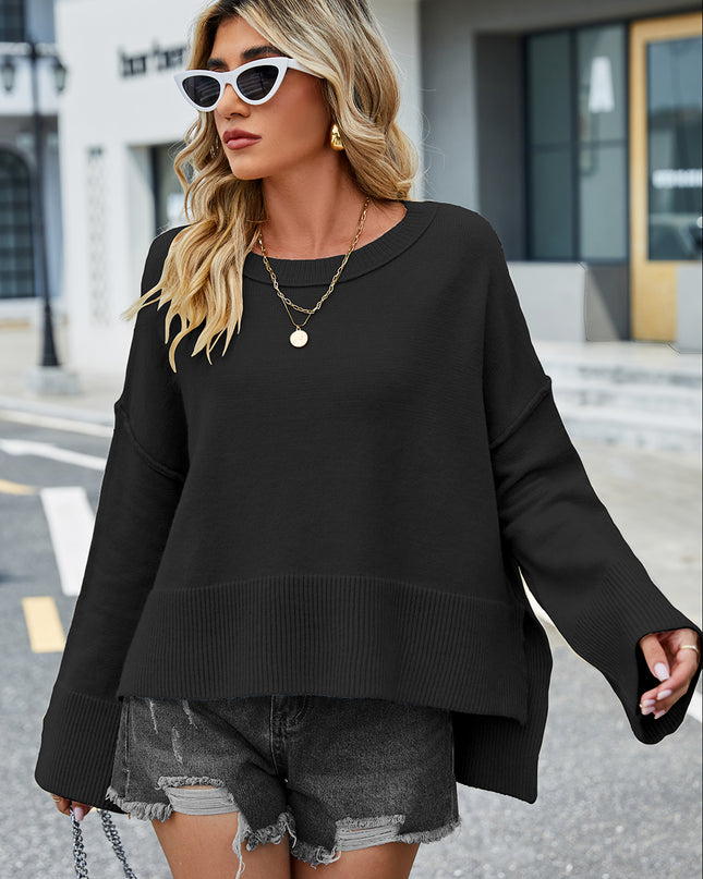 Round Neck Dropped Shoulder Slit Sweater