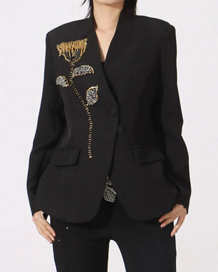 Flower Button Front Long Sleeve Blazer