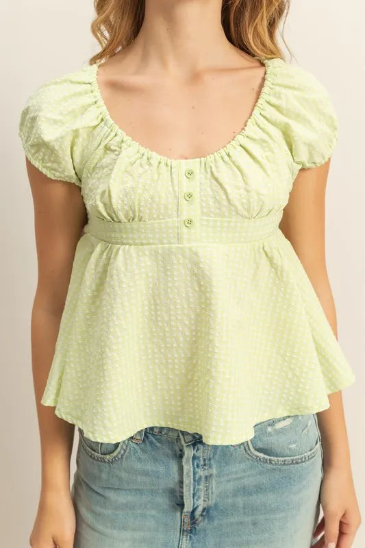 HYFVE Gingham Scoop Neck Cap Sleeve Blouse