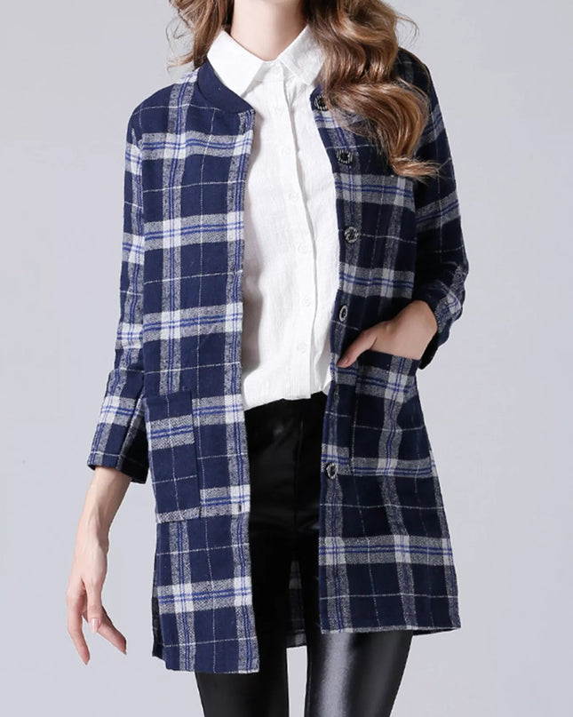 Plus Size Plaid Button-Down Longline Shirt Navy