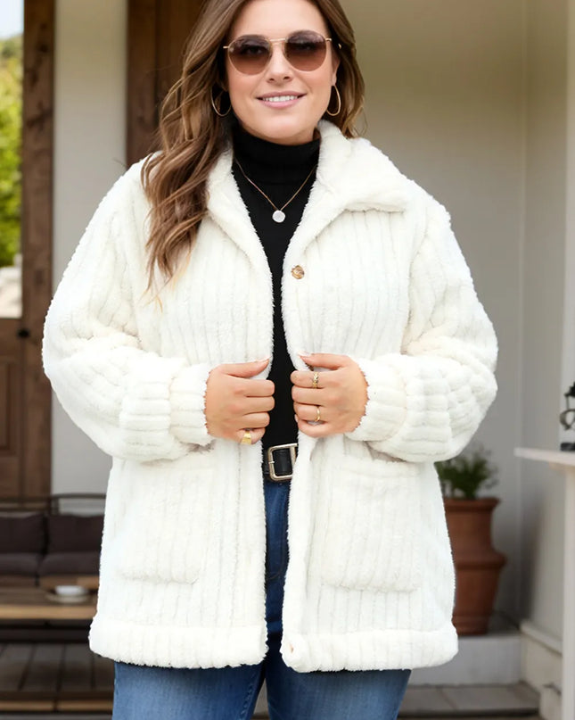 Plus Size Collared Neck Button Down Fuzzy Outerwear White