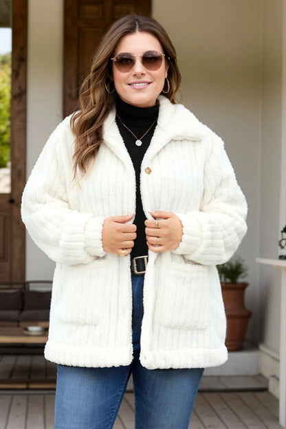 Plus Size Collared Neck Button Down Fuzzy Outerwear White
