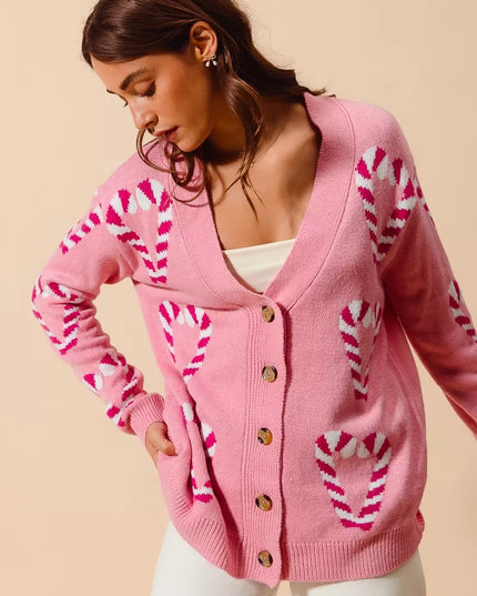 SO ME Christmas Candy Cane Button Front Sweater Cardigan