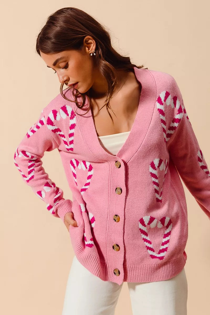 SO ME Christmas Candy Cane Button Front Sweater Cardigan