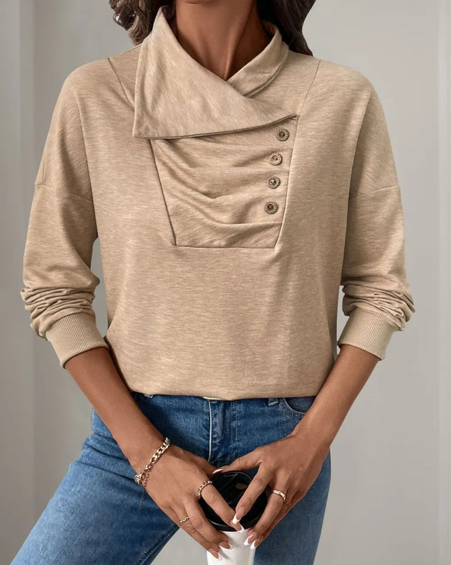 Perfee Asymmetric Mock Neck Long Sleeve Sweatshirt Tan