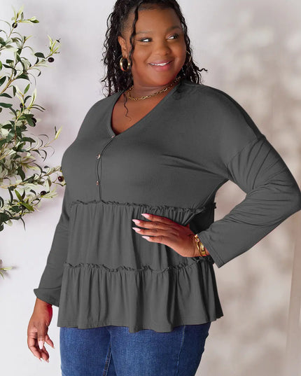 Double Take Half Button Long Sleeve Ruffle Hem Blouse