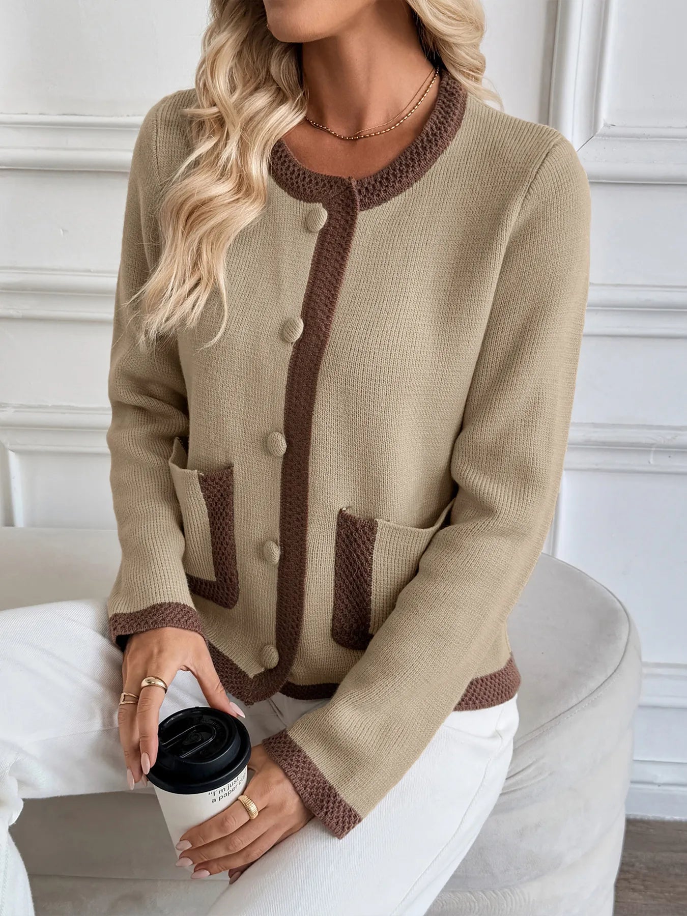 Button-Front Cardigan with Contrast Trim