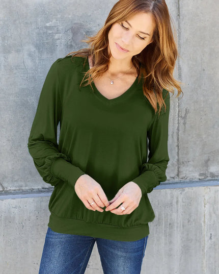 Basic Bae Full Size V-Neck Lantern Sleeve Top Army Green
