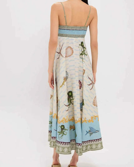 Ocean Print Spaghetti Strap Midi Dress