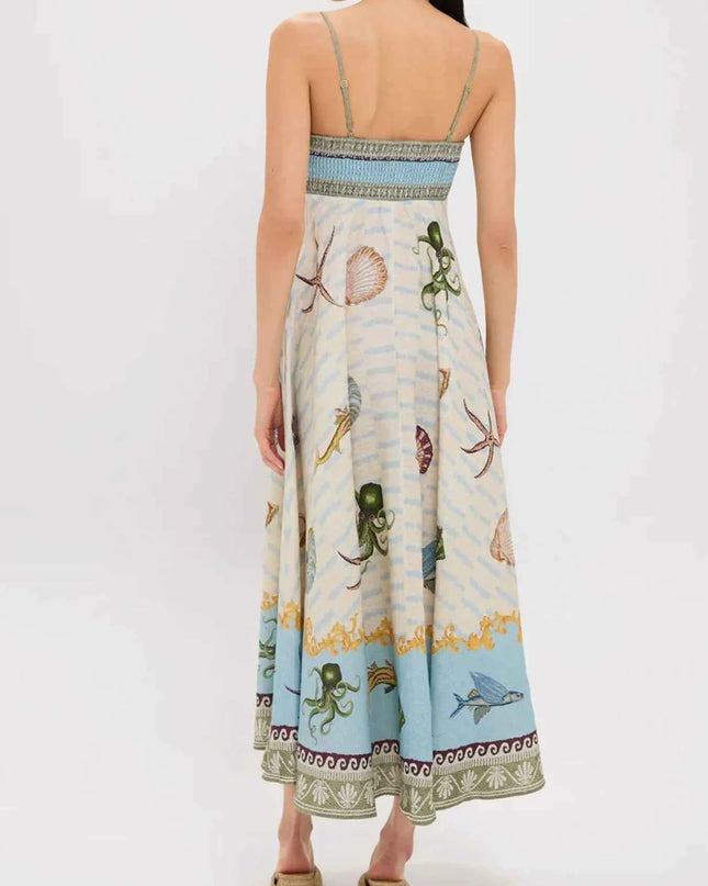 Ocean Print Spaghetti Strap Midi Dress