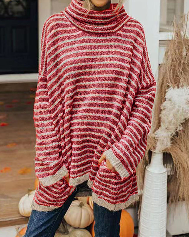 Striped Turtleneck Sweater with Pockets Deep Red