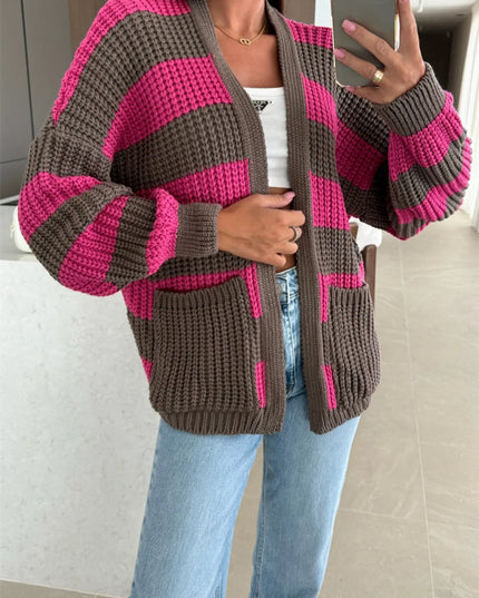 Striped Open Front Long Sleeve Cardigan