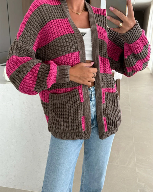 Striped Open Front Long Sleeve Cardigan