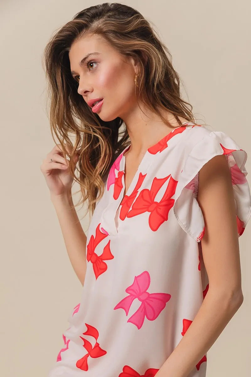 BiBi Bow Printed Woven Ruffled Sleeves V Neck Top IVO RED FUCHSIA