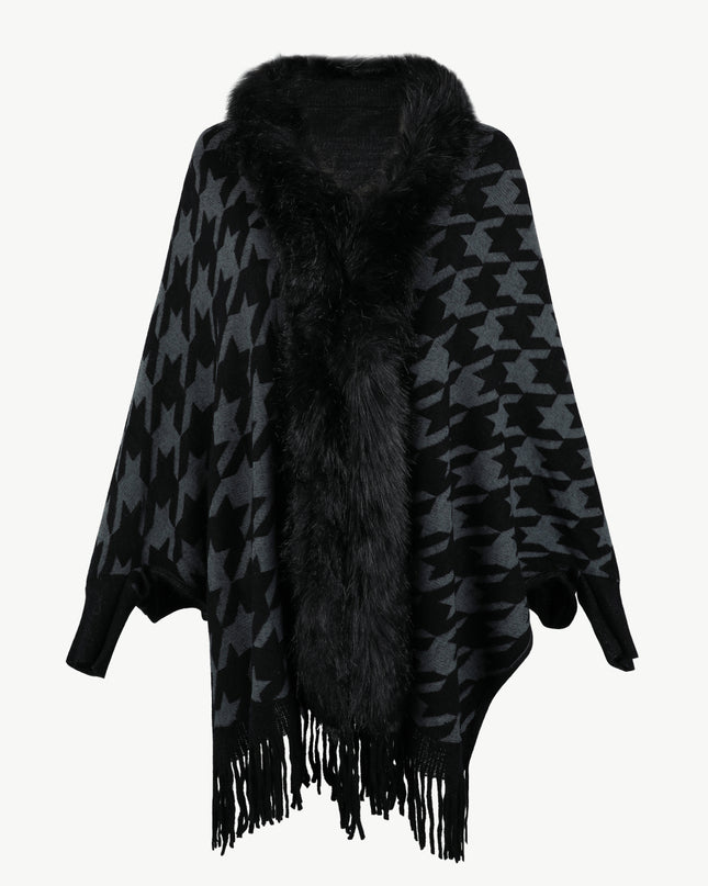 Houndstooth Fringe Hem Poncho Dark Blue One Size