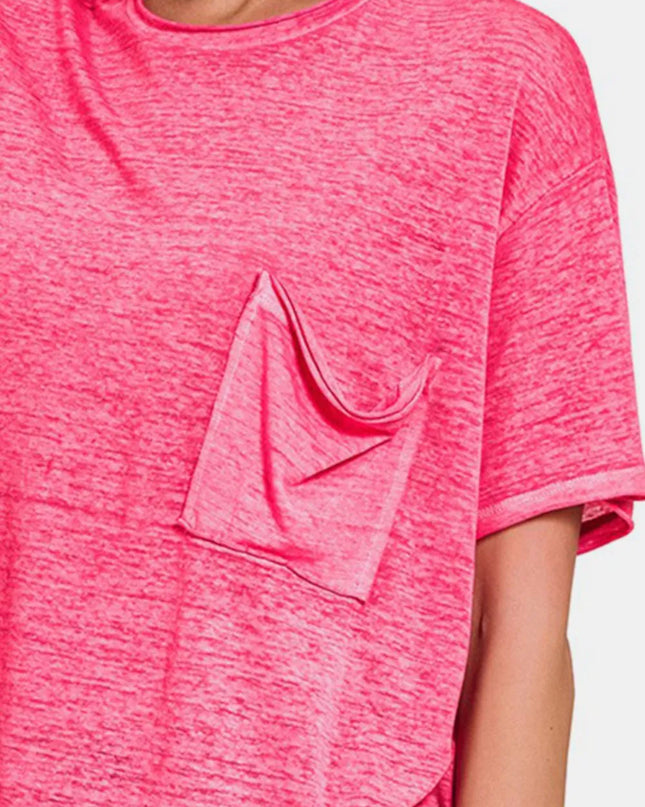 Zenana Pocketed Round Neck Dropped Shoulder T-Shirt