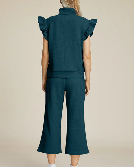 Double Take Full Size Texture Ruffle Short Sleeve Top and Wide Leg Pants Set