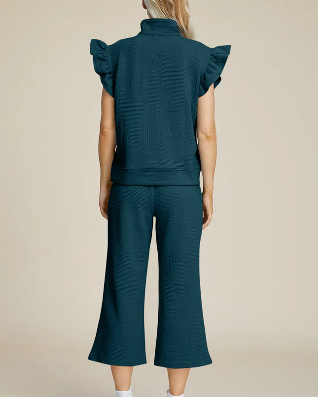 Double Take Full Size Texture Ruffle Short Sleeve Top and Wide Leg Pants Set