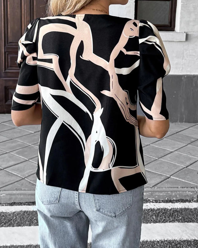 Abstract Print Puff Sleeve Notched Blouse