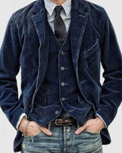 Men's Full Size Button Up Lapel Collar Corduroy Blazer Plus Size Dark Blue