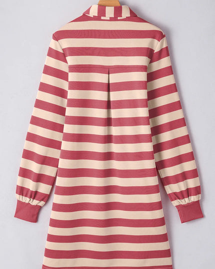 Contrast Striped Johnny Collar Long Sleeve Mini Dress