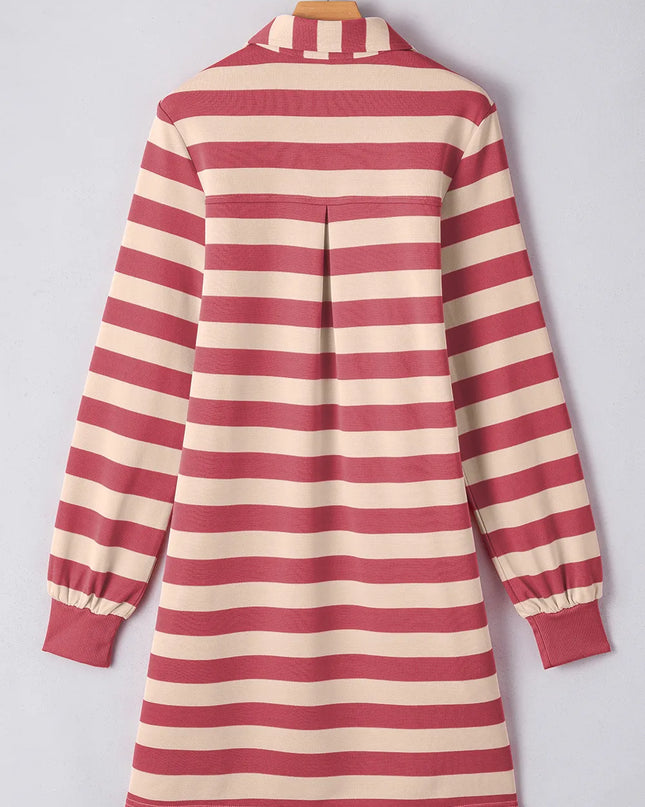 Contrast Striped Johnny Collar Long Sleeve Mini Dress