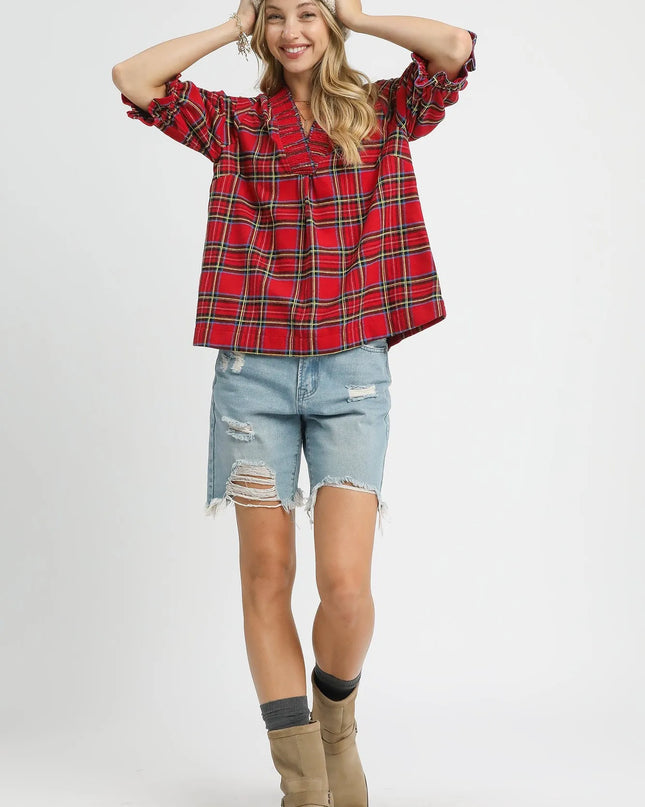 Umgee Plaid Smocked V-Neck Flannel Top
