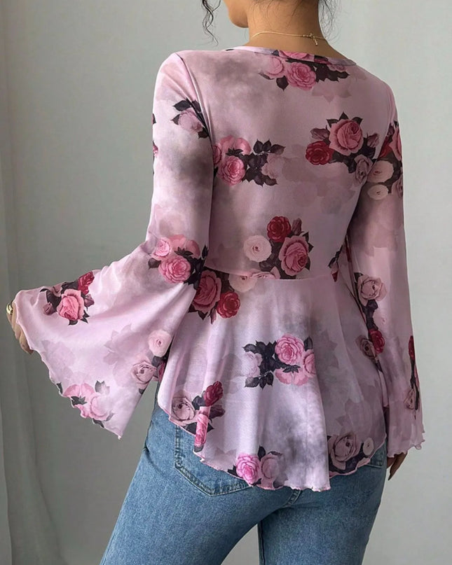 Floral Tie Front Flare Sleeve Blouse