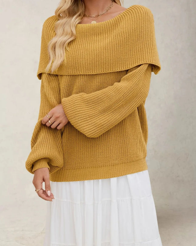 Fold-Over Collar Long Sleeve Sweater Dark Yellow