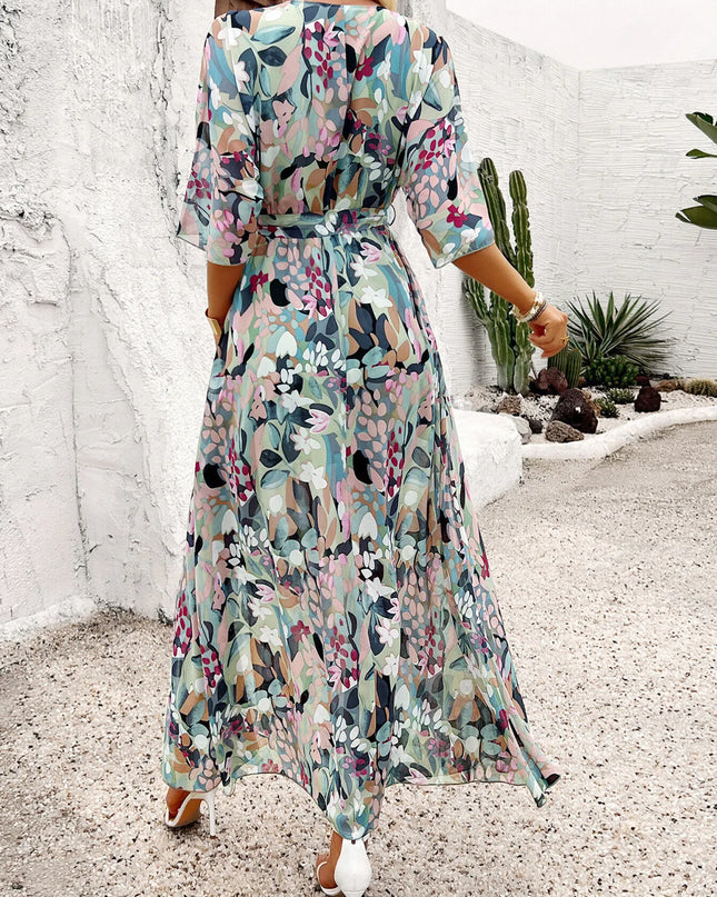 Slit Printed Surplice Half Sleeve Maxi Dress