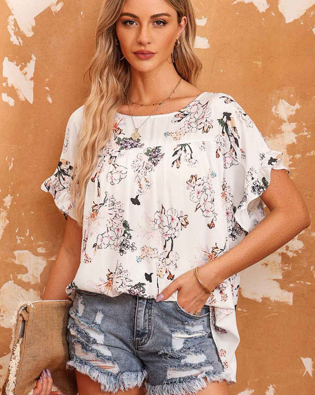 Floral Boat Neck Flounce Sleeve Blouse