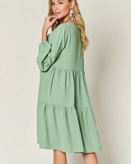 Double Take Full Size V-Neck Balloon Sleeve Tiered Dress with Pockets