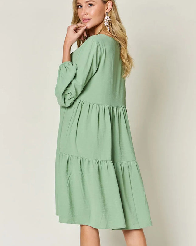 Double Take Full Size V-Neck Balloon Sleeve Tiered Dress with Pockets