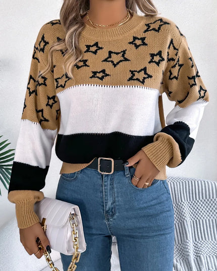 Star Contrast Round Neck Sweater Camel