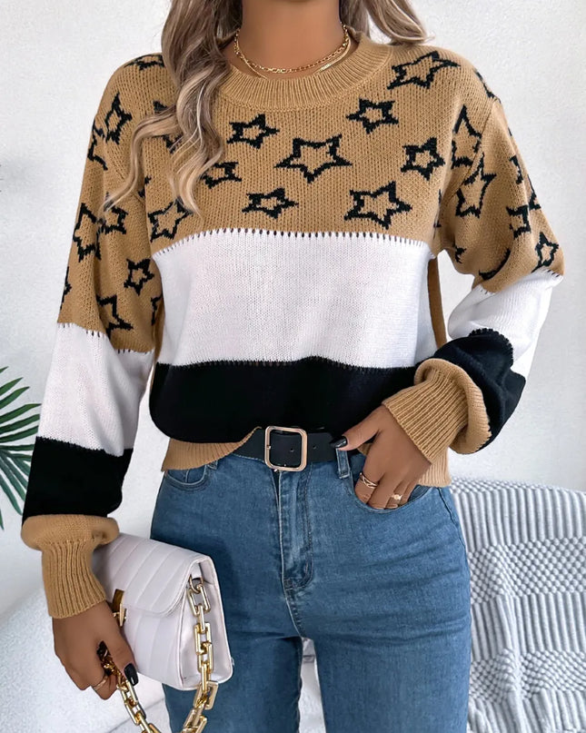 Star Contrast Round Neck Sweater Camel