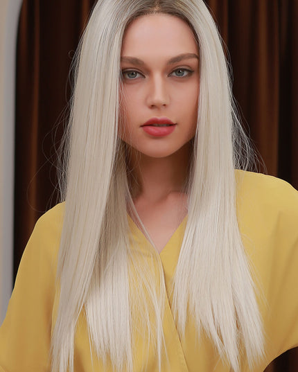 13*2" Lace Front Wigs Synthetic Long Straight 26" Heat Safe 150% Density Blonde Ash Brown Root One Size