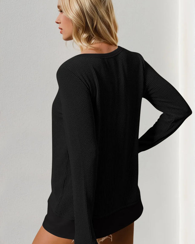 Double Take Corded Rib Thumbhole Cuff Round Neck T-Shirt