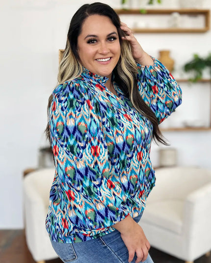 Double Take Full Size Printed Balloon Sleeve Blouse