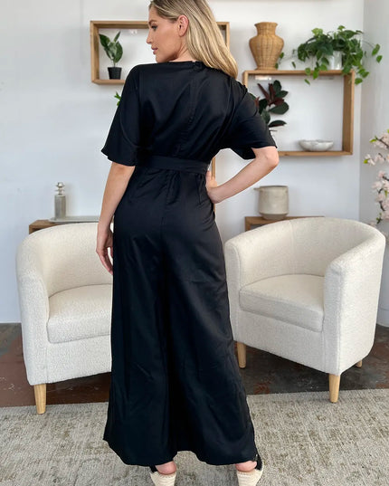 Double Take Full Size V-Neck Tied Side Slit Jumpsuit