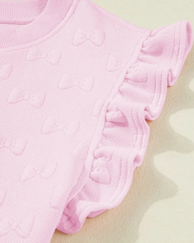 Bow Jacquard Ruffle Cap Sleeve Top and Shorts Set