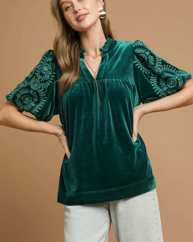 Umgee Velvet Embroidered Sleeve Blouse EMERALD GREEN