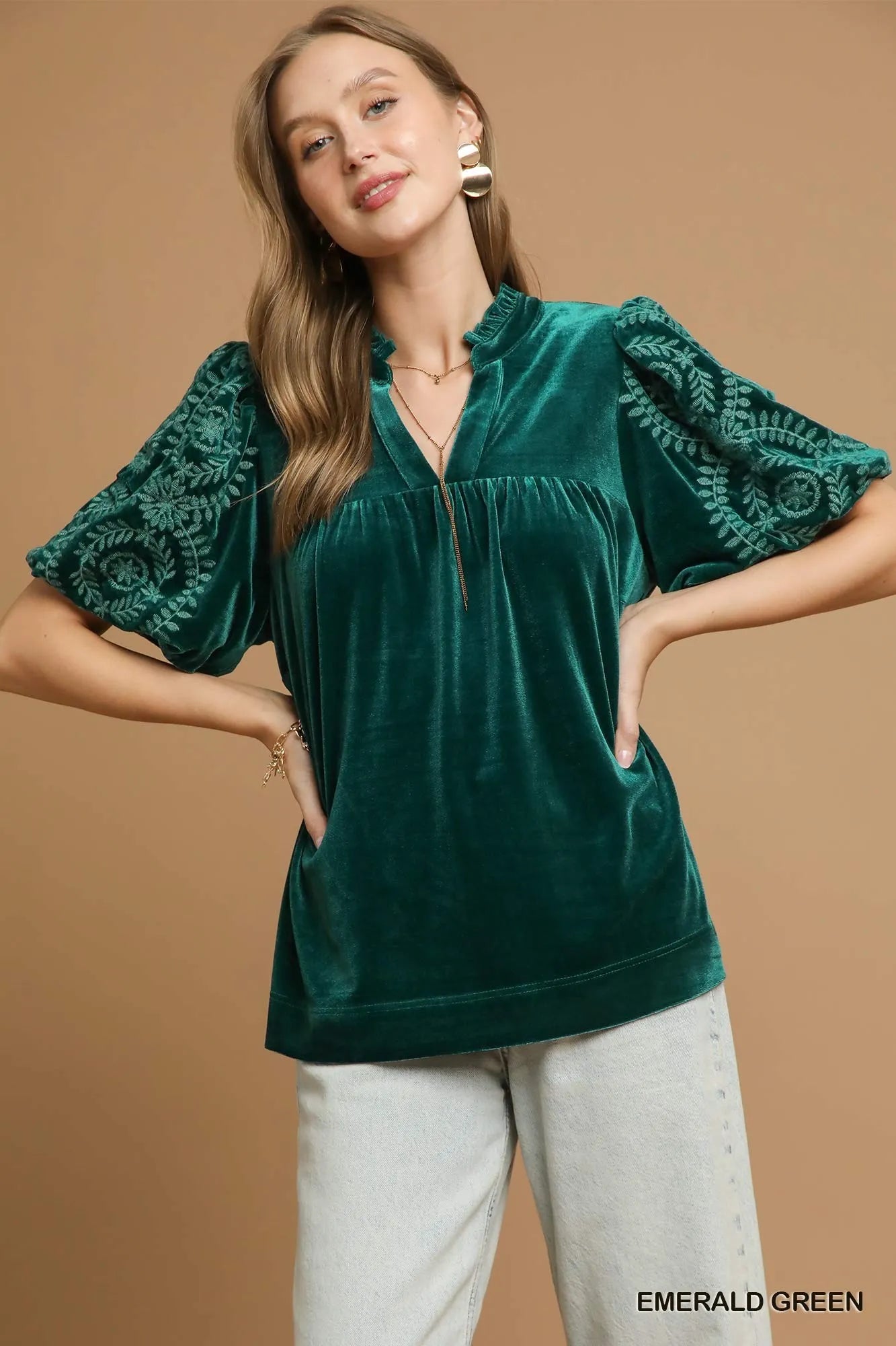 Umgee Velvet Embroidered Sleeve Blouse EMERALD GREEN