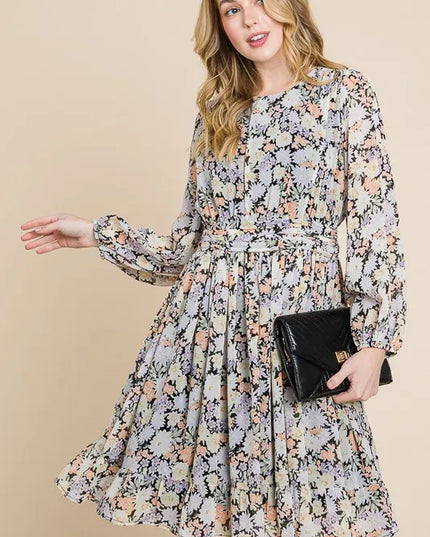 Lime 'N' Chili Chiffon Floral Print Belted Dress with Back Zipper 